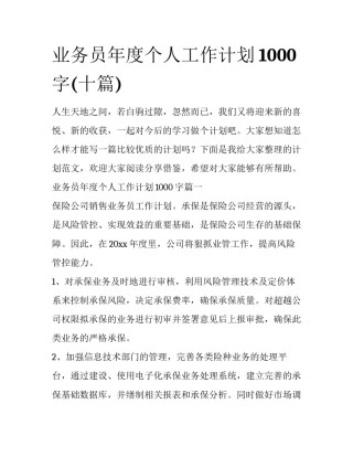 业务员年度个人工作计划1000字(十篇)