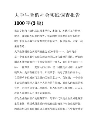 大学生暑假社会实践调查报告1000字(3篇)