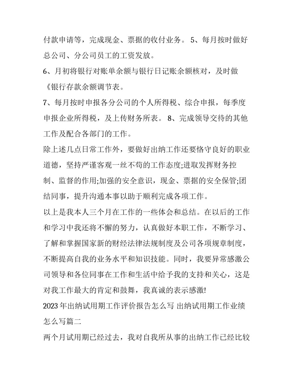 2023年出纳试用期工作评价报告怎么写 出纳试用期工作业绩怎么写(9篇)_第2页