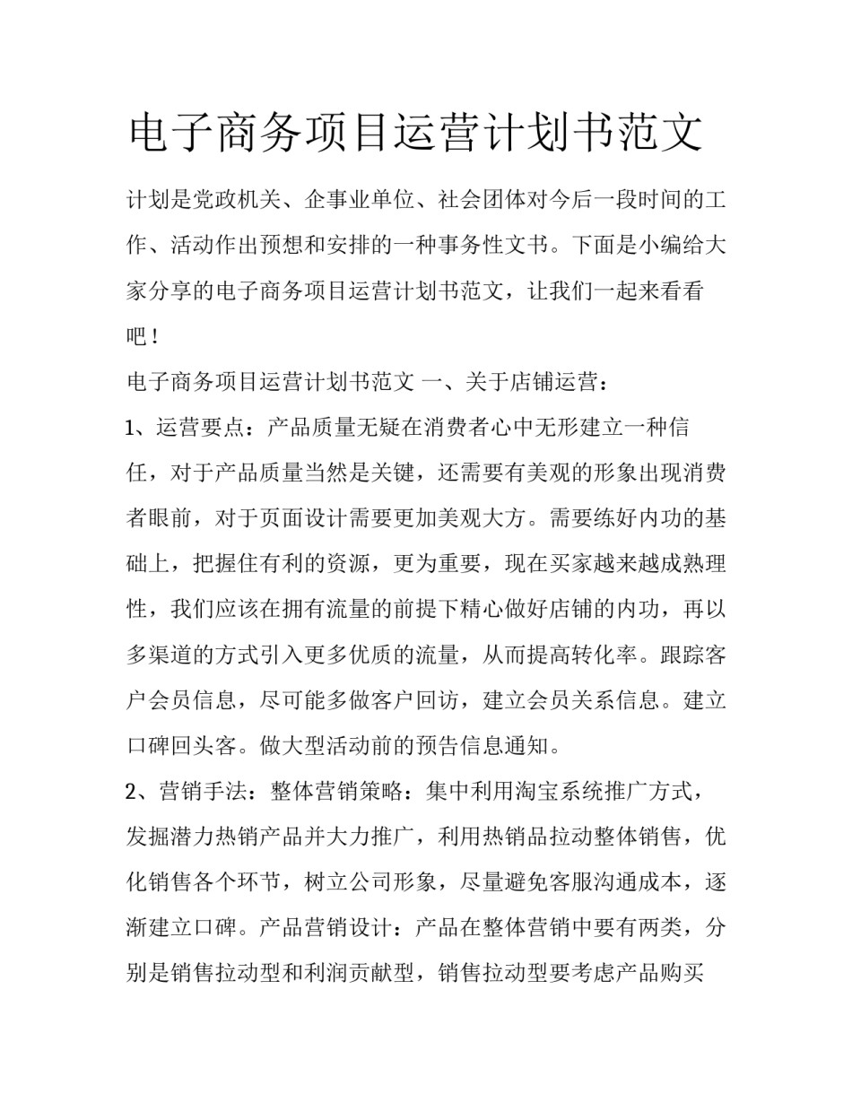 电子商务项目运营计划书范文_第1页