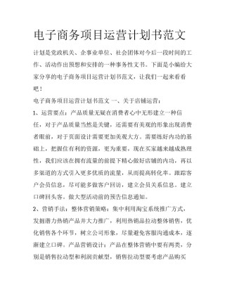 电子商务项目运营计划书范文