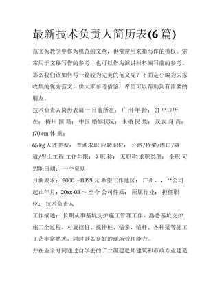 最新技术负责人简历表(6篇)