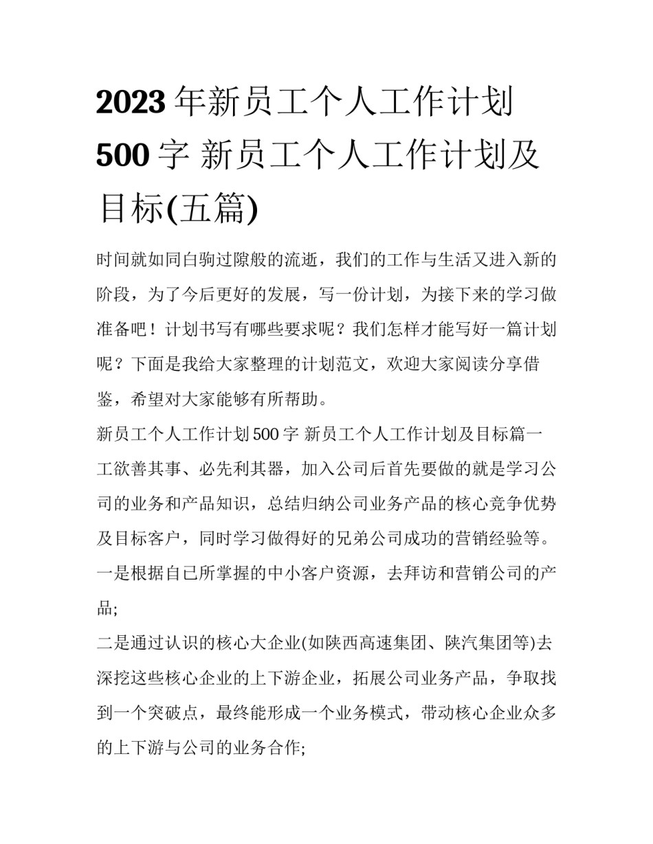 2023年新员工个人工作计划500字 新员工个人工作计划及目标(五篇)_第1页
