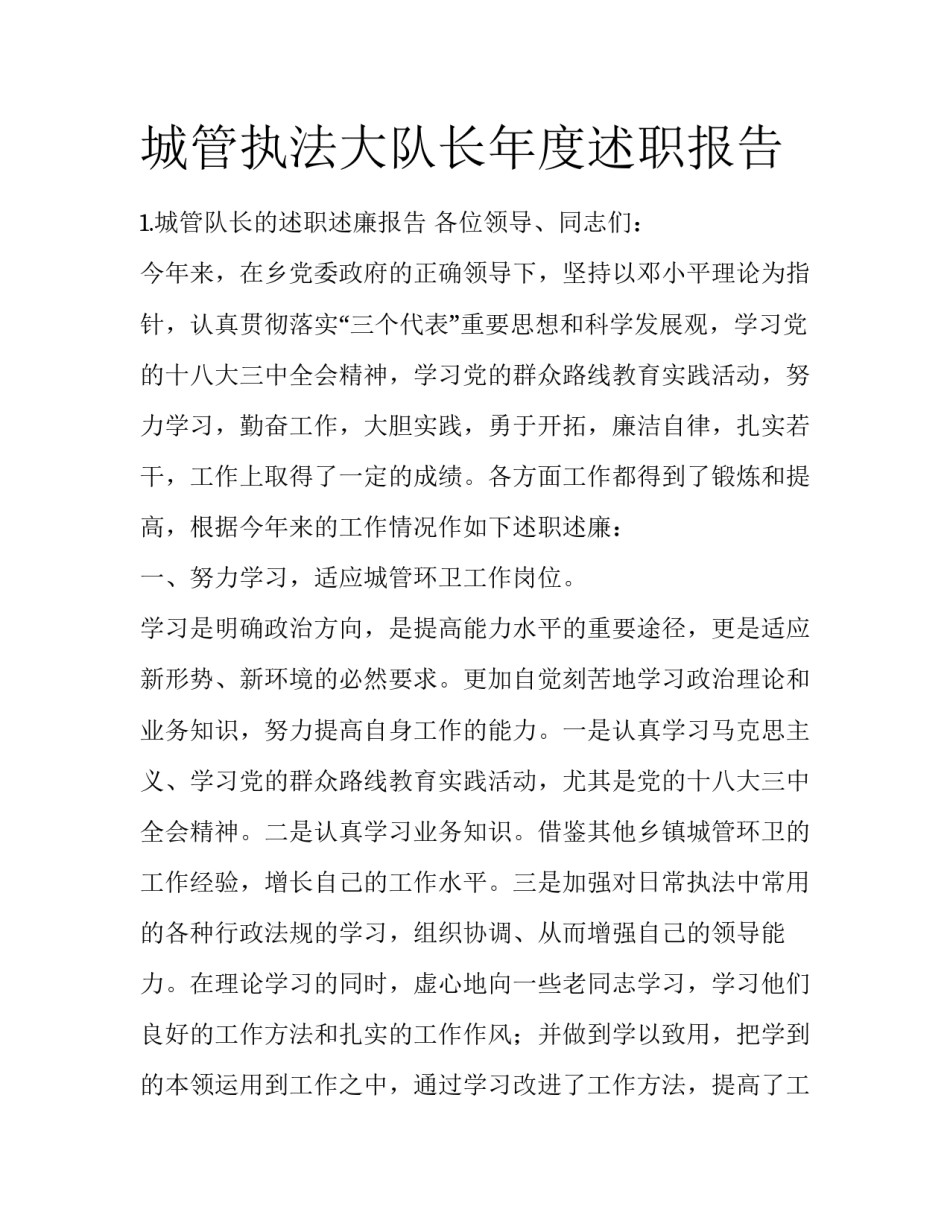 城管执法大队长年度述职报告_第1页