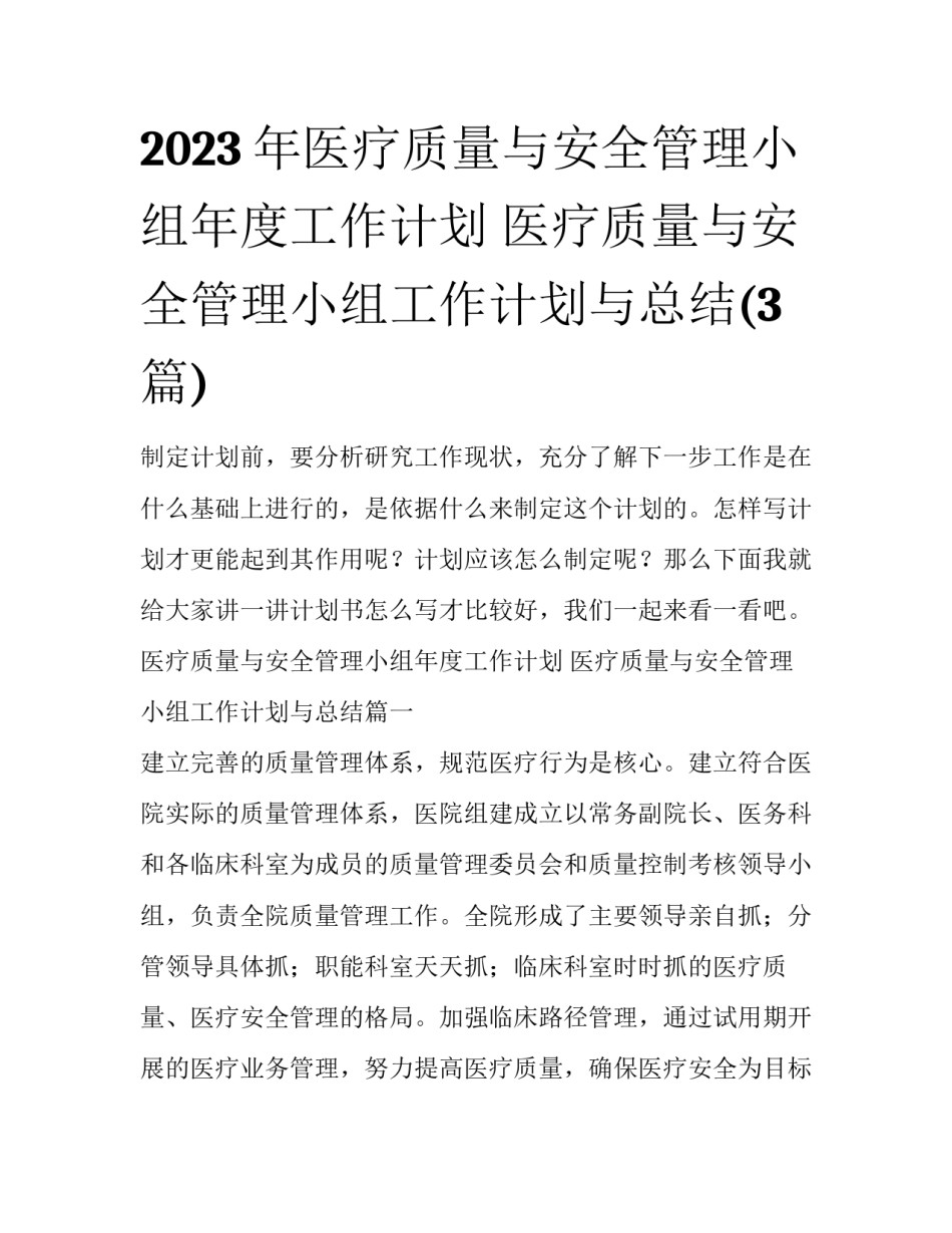 2023年医疗质量与安全管理小组年度工作计划 医疗质量与安全管理小组工作计划与总结(3篇)_第1页