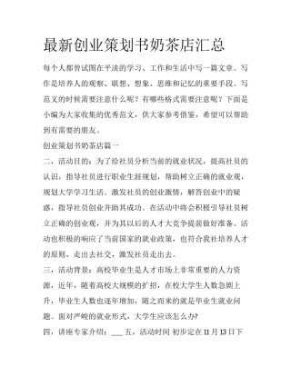 最新创业策划书奶茶店汇总