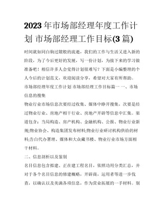 2023年市场部经理年度工作计划 市场部经理工作目标(3篇)