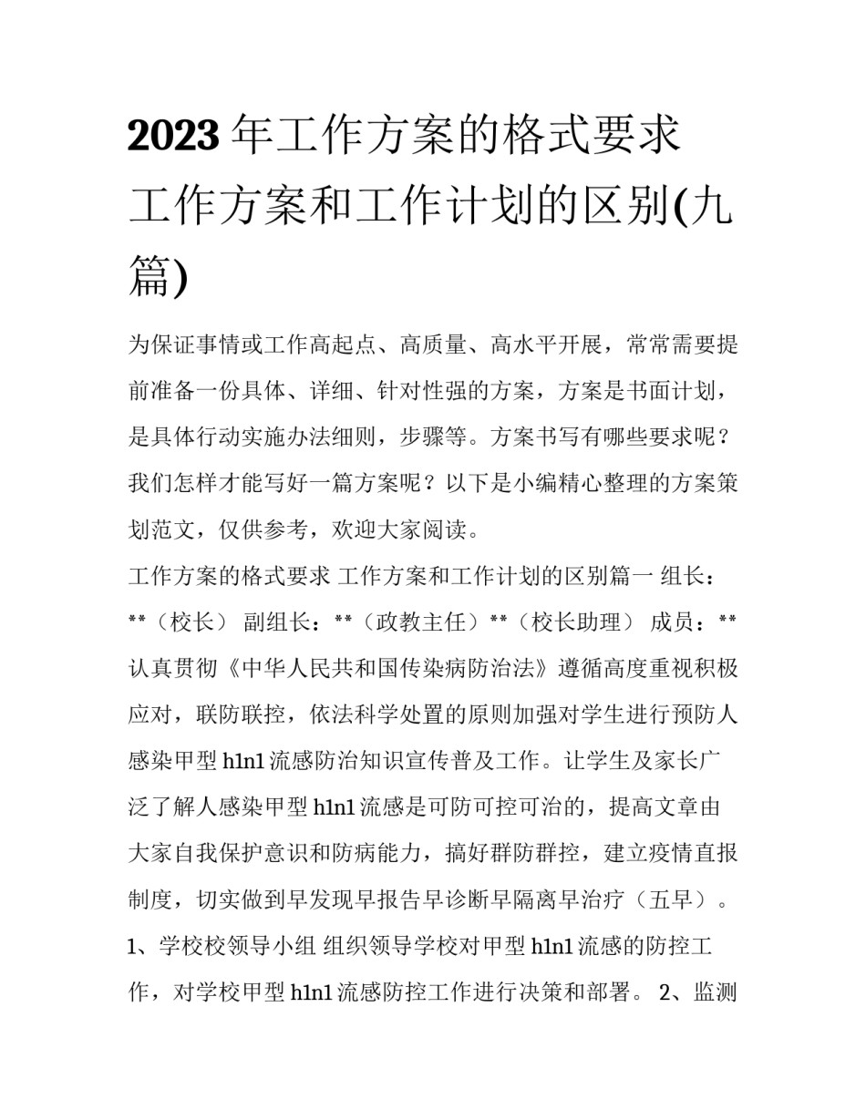 2023年工作方案的格式要求 工作方案和工作计划的区别(九篇)_第1页