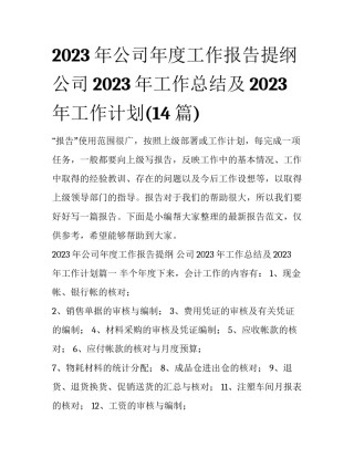 2023年公司年度工作报告提纲 公司2023年工作总结及2023年工作计划(14篇)