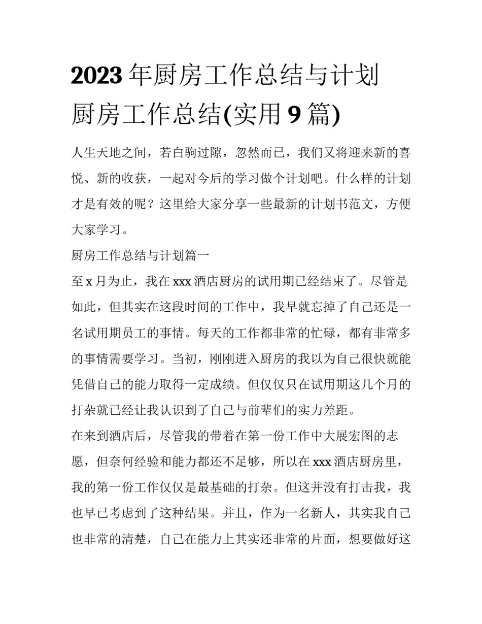 2023年厨房工作总结与计划 厨房工作总结(实用9篇)_第1页