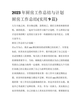 2023年厨房工作总结与计划 厨房工作总结(实用9篇)