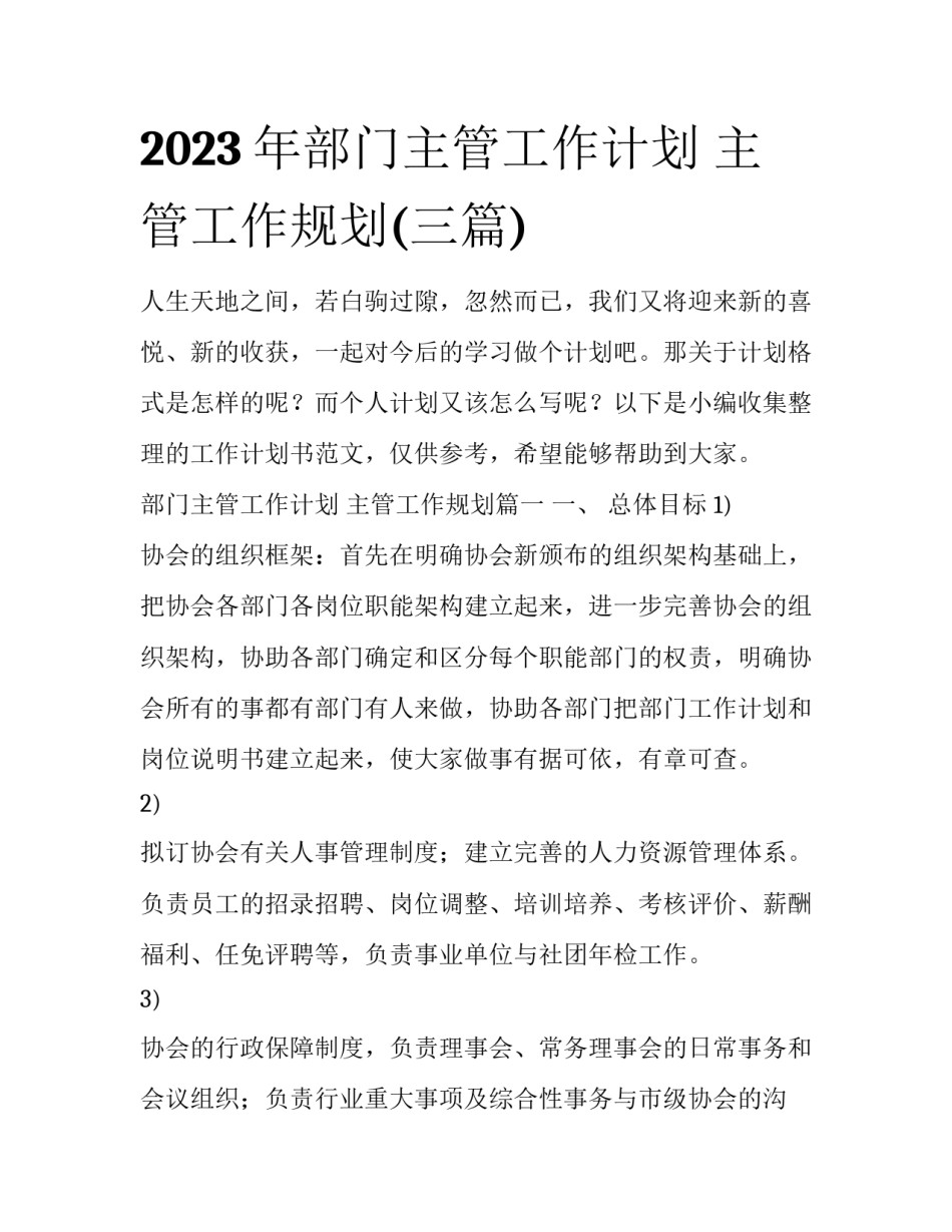 2023年部门主管工作计划 主管工作规划(三篇)_第1页