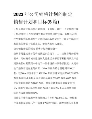 2023年公司销售计划的制定 销售计划和目标(5篇)