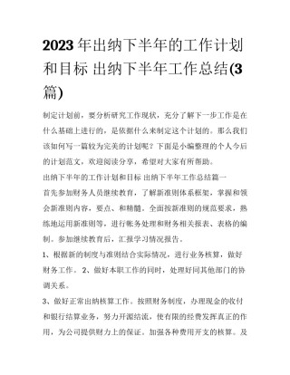 2023年出纳下半年的工作计划和目标 出纳下半年工作总结(3篇)