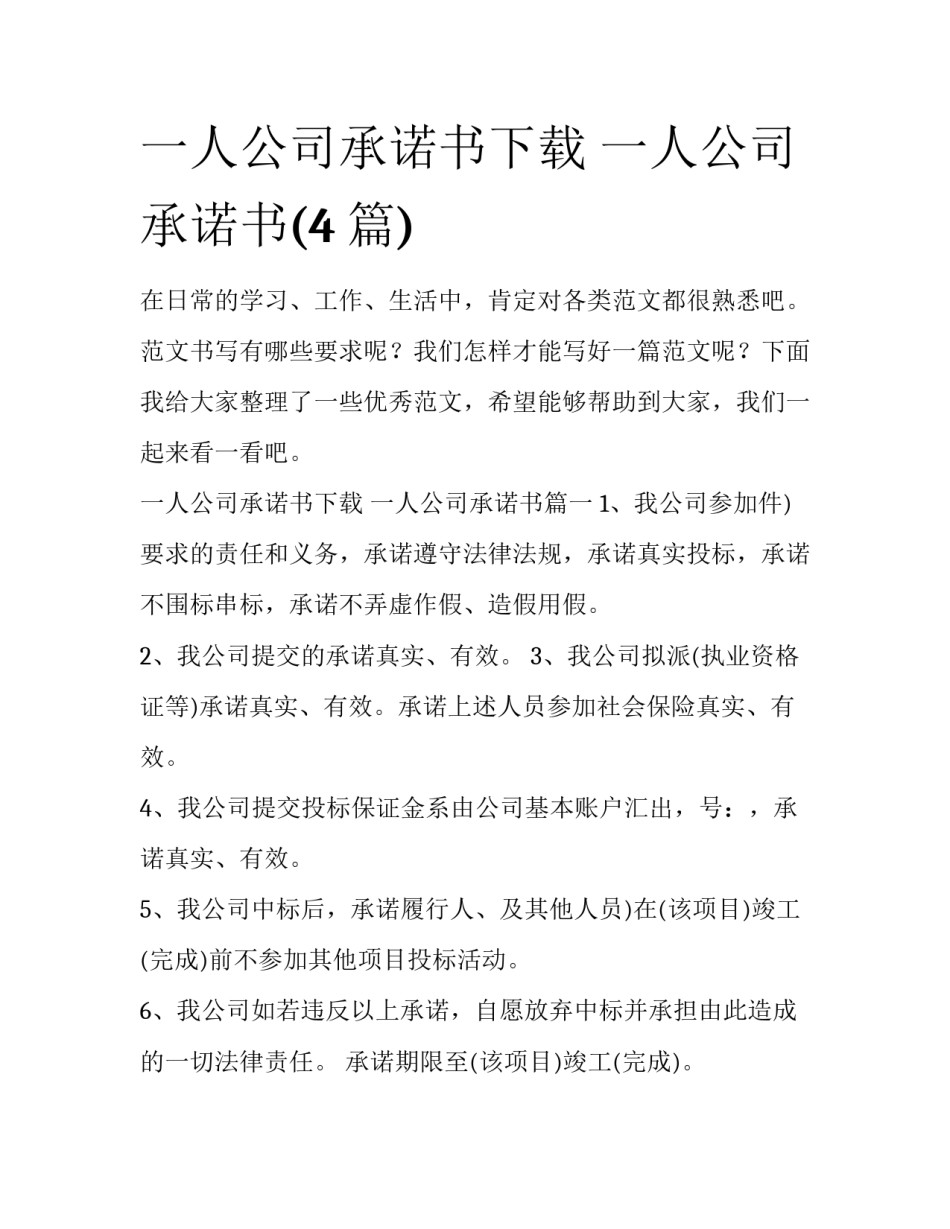 一人公司承诺书下载 一人公司承诺书(4篇)_第1页
