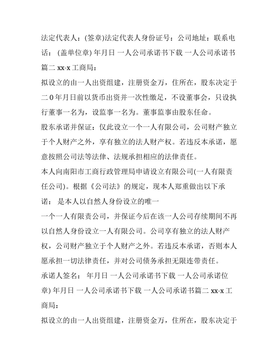 一人公司承诺书下载 一人公司承诺书(4篇)_第2页
