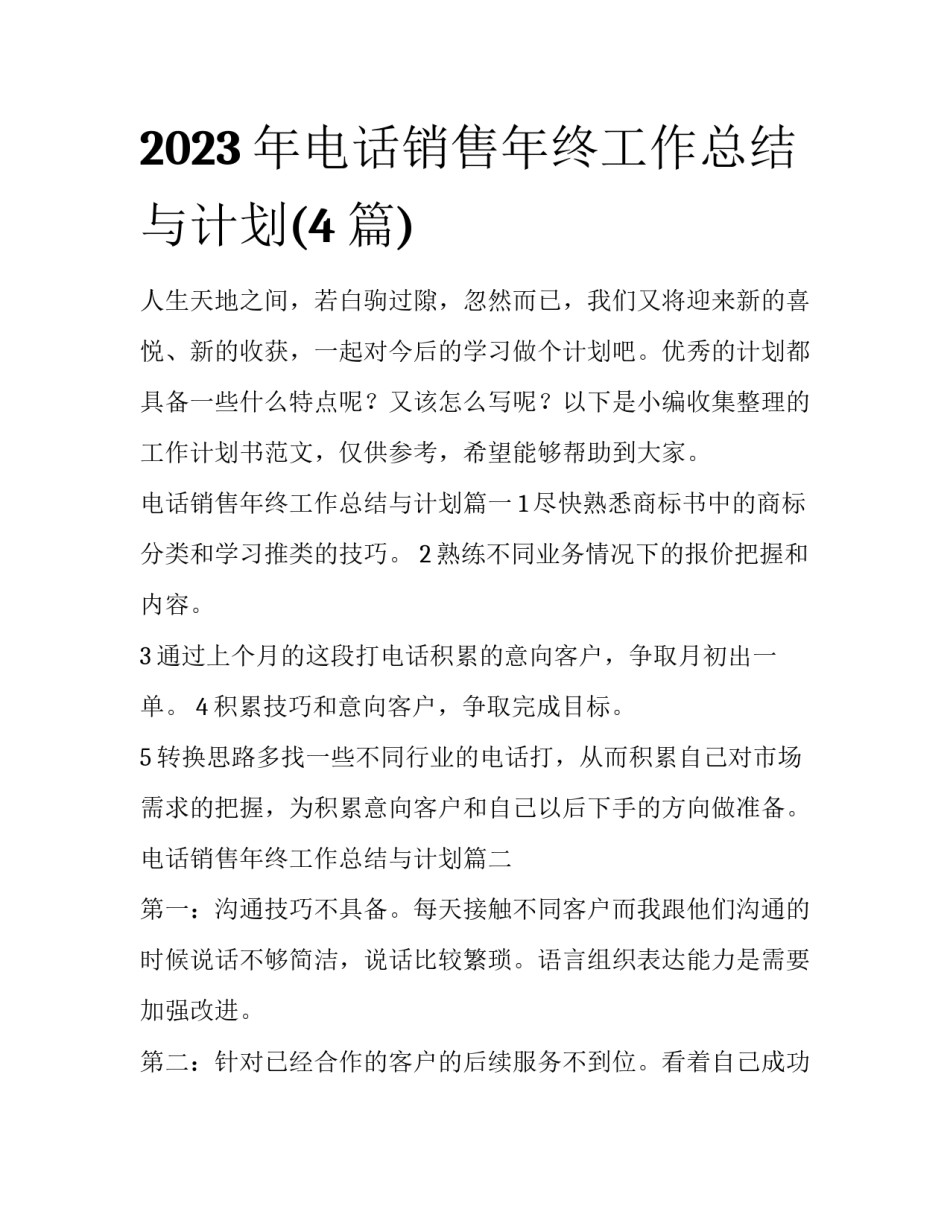 2023年电话销售年终工作总结与计划(4篇)_第1页