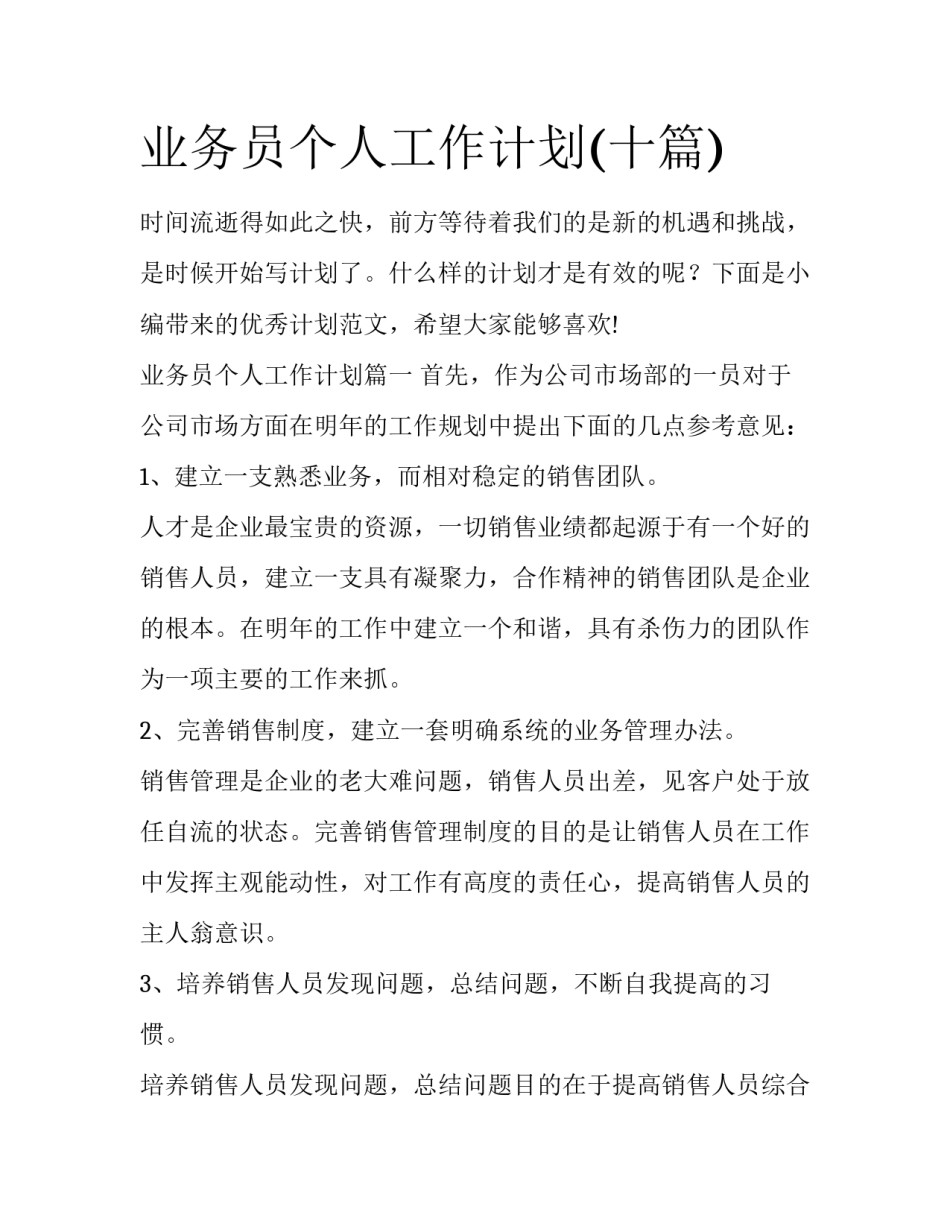 业务员个人工作计划(十篇)_第1页
