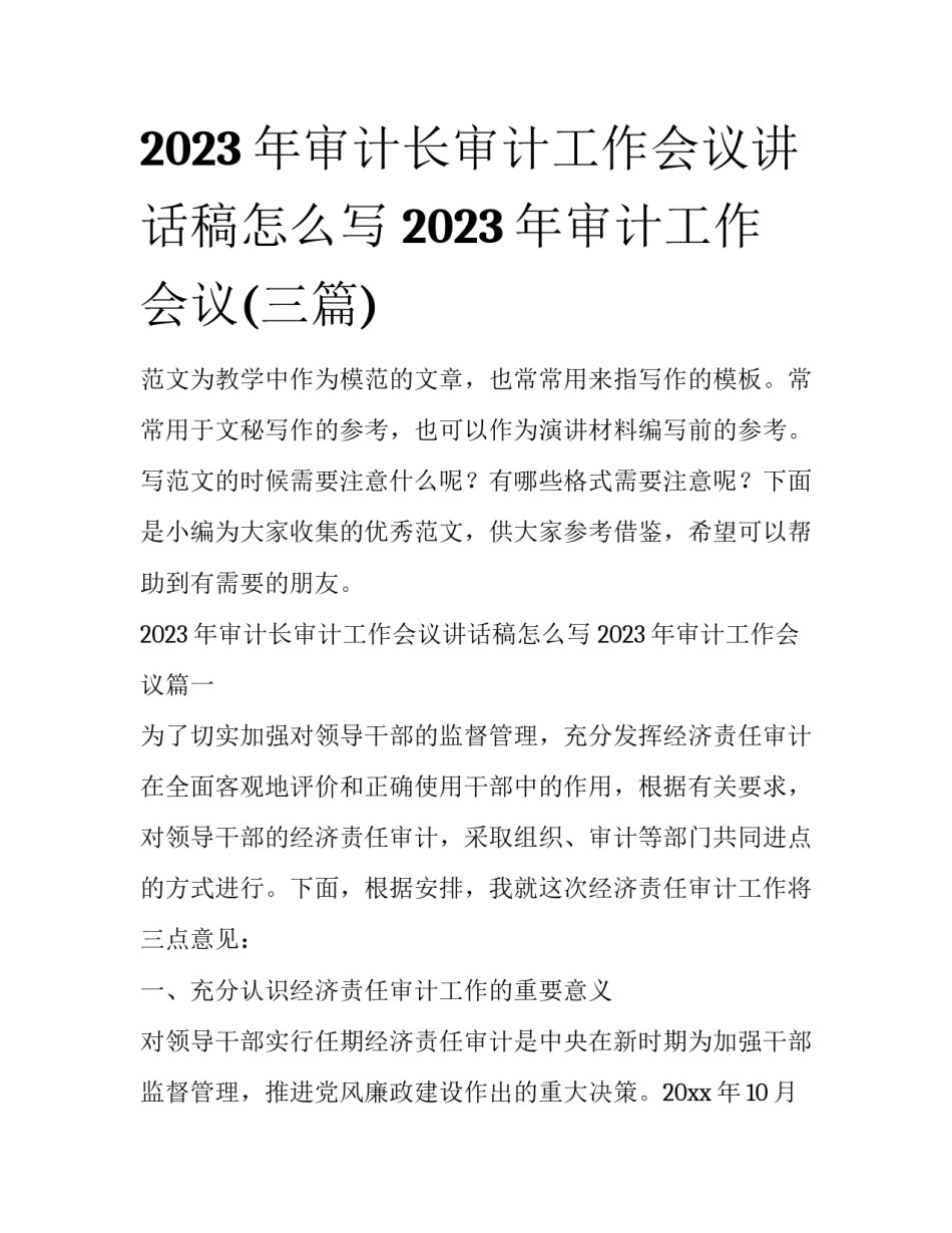 2023年审计长审计工作会议讲话稿怎么写 2023年审计工作会议(三篇)_第1页