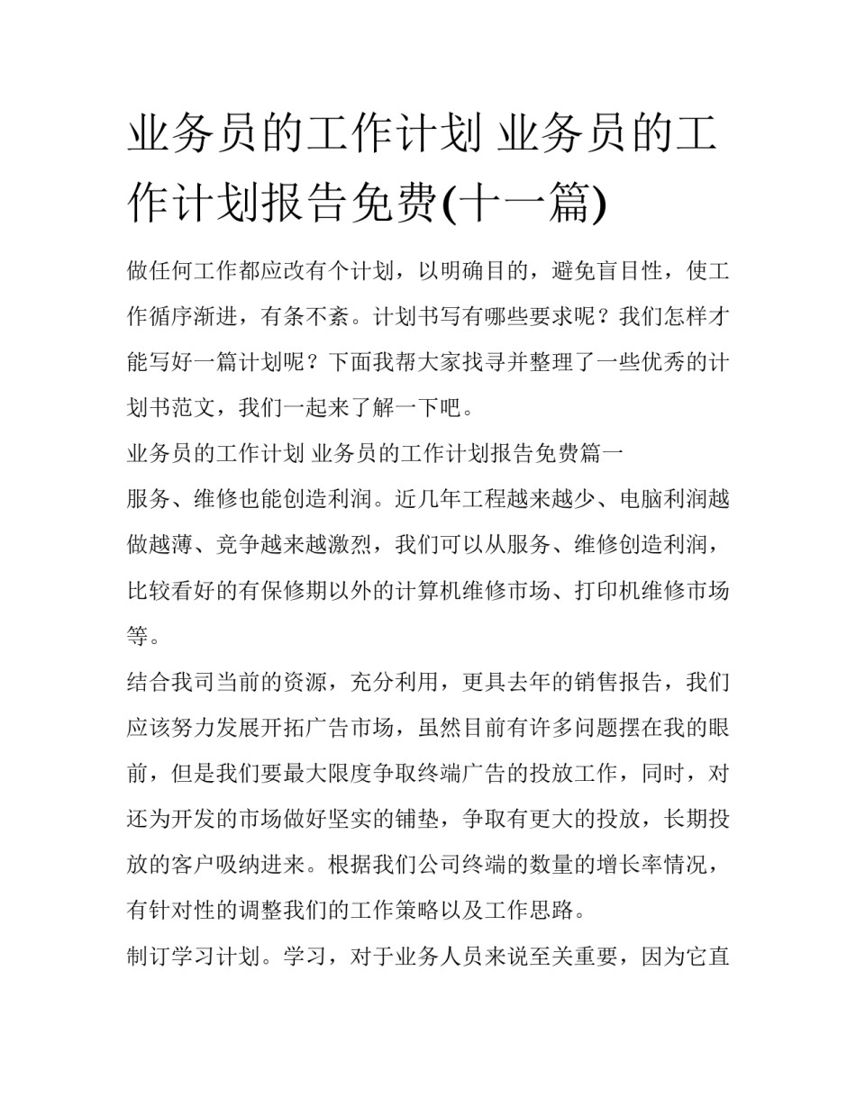 业务员的工作计划 业务员的工作计划报告免费(十一篇)_第1页