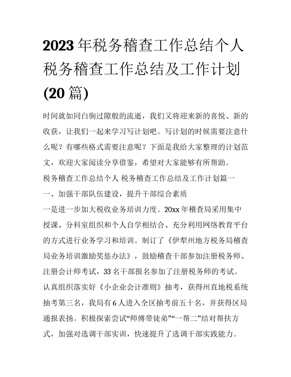 2023年税务稽查工作总结个人 税务稽查工作总结及工作计划(20篇)_第1页