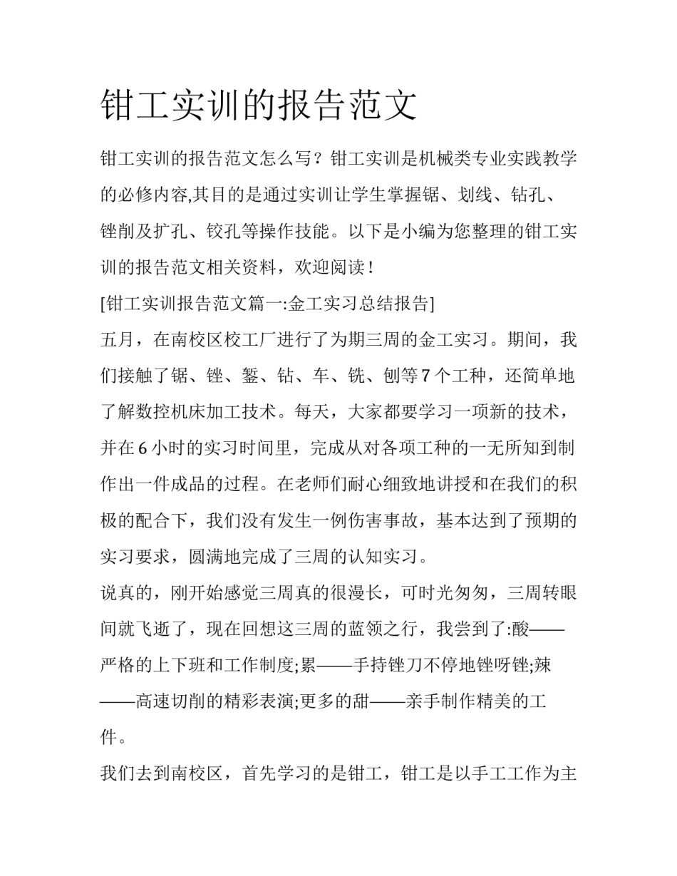 钳工实训的报告范文_第1页