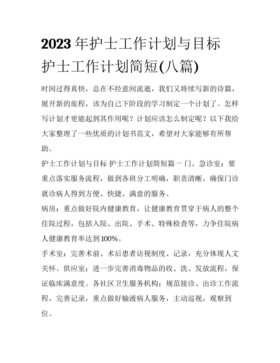 2023年护士工作计划与目标 护士工作计划简短(八篇)_第1页