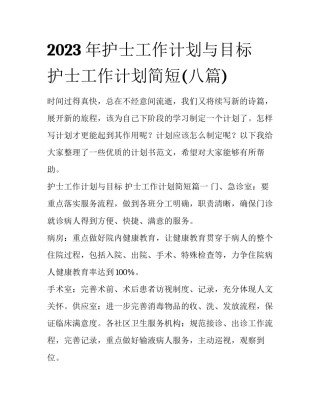 2023年护士工作计划与目标 护士工作计划简短(八篇)