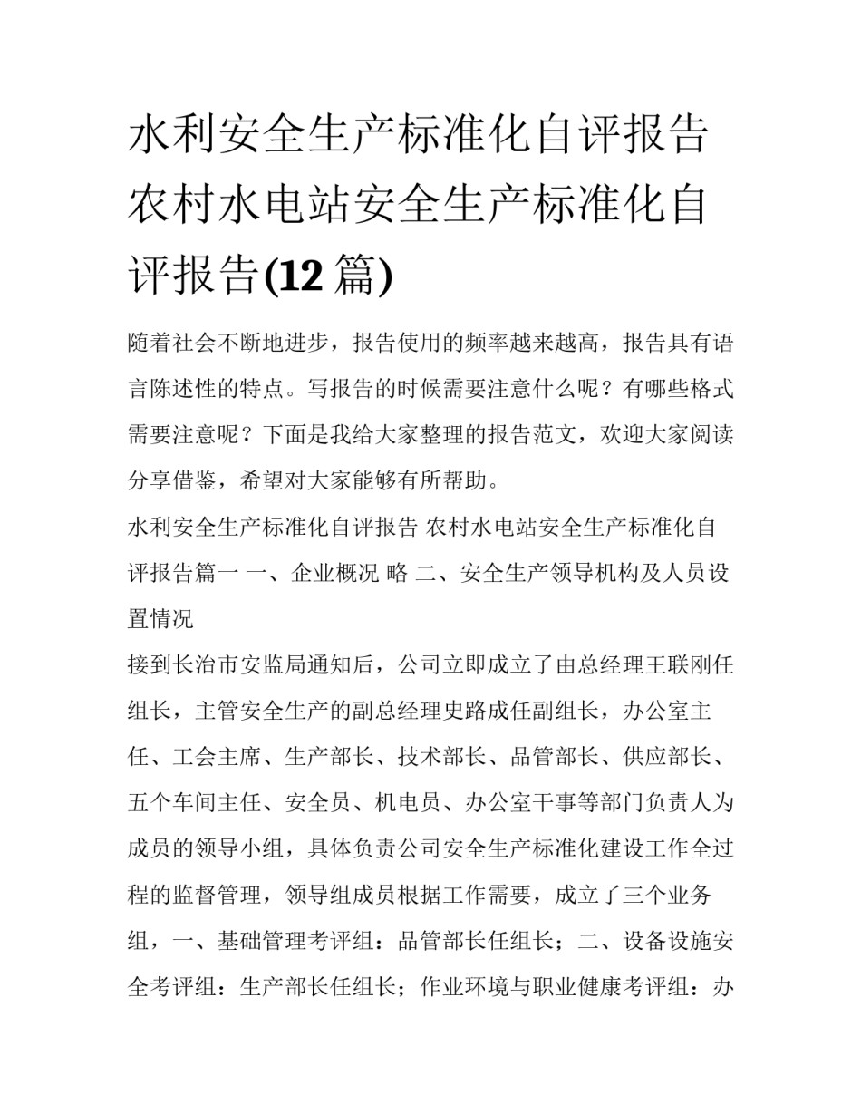 水利安全生产标准化自评报告 农村水电站安全生产标准化自评报告(12篇)_第1页