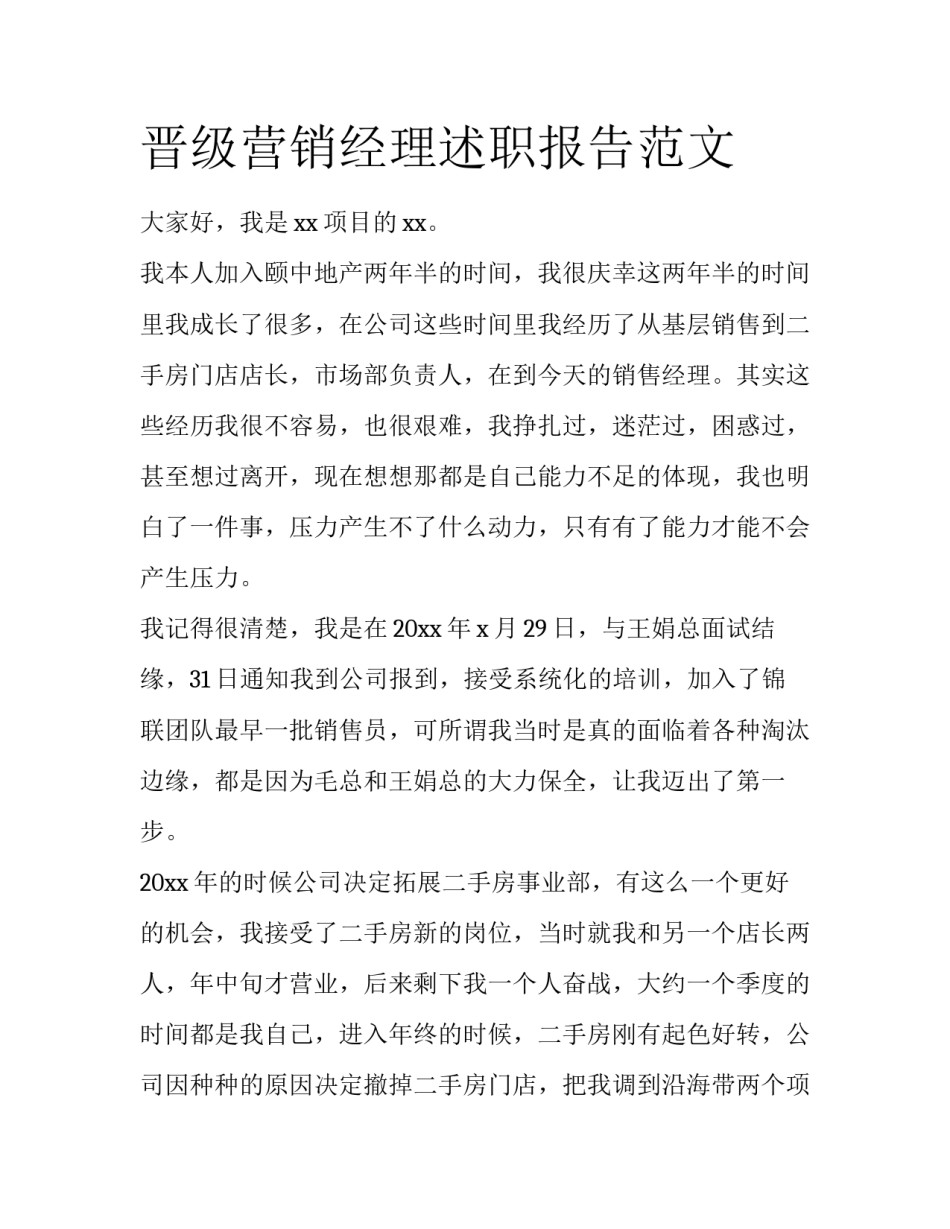 晋级营销经理述职报告范文_第1页