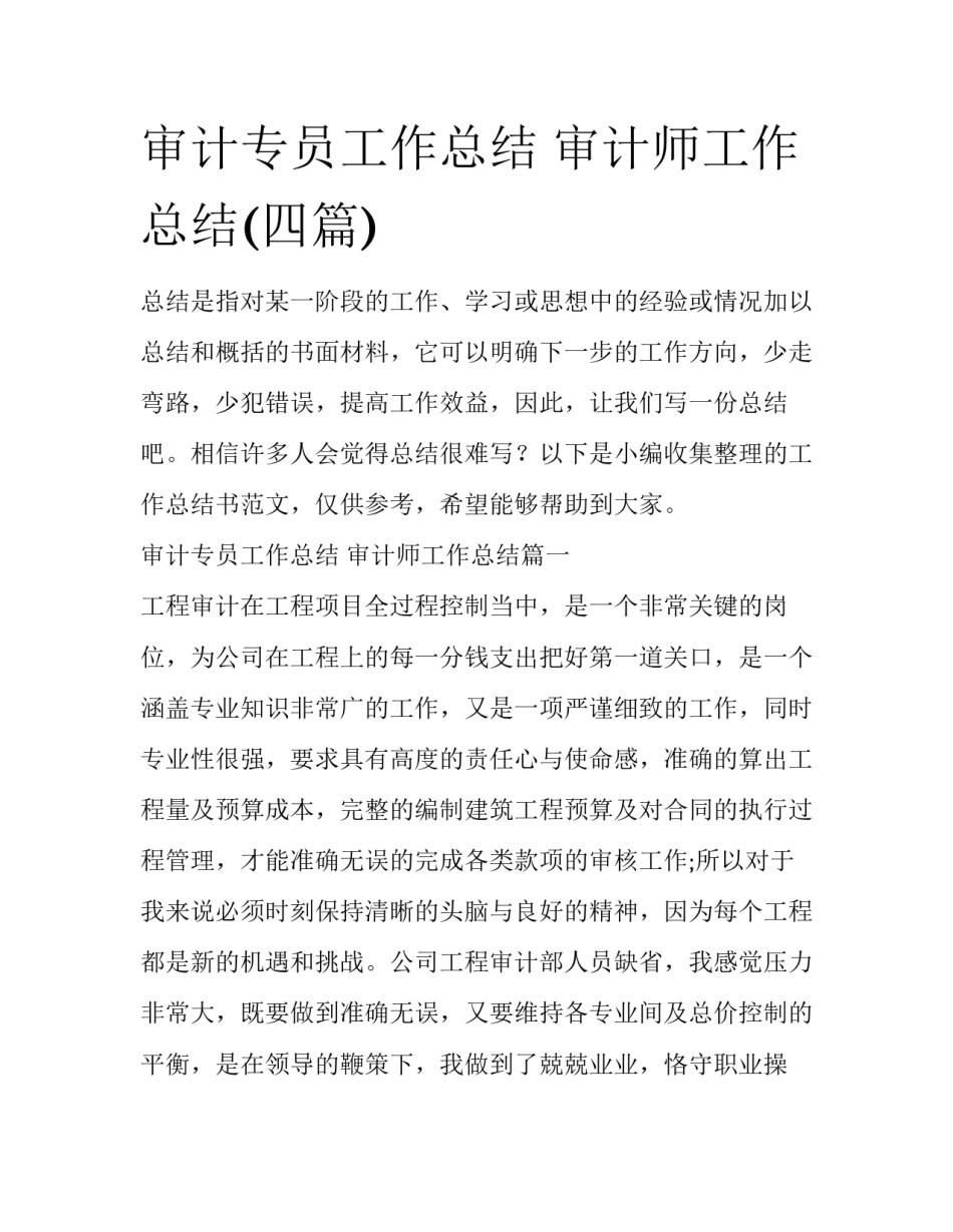 审计专员工作总结 审计师工作总结(四篇)_第1页