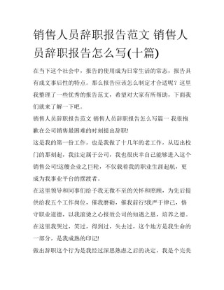 销售人员辞职报告范文 销售人员辞职报告怎么写(十篇)