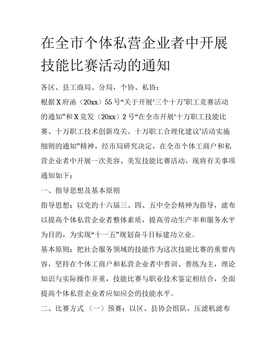 在全市个体私营企业者中开展技能比赛活动的通知_第1页