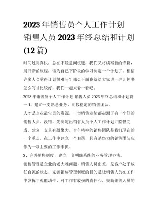 2023年销售员个人工作计划 销售人员2023年终总结和计划(12篇)