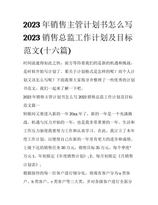 2023年销售主管计划书怎么写 2023销售总监工作计划及目标范文(十六篇)