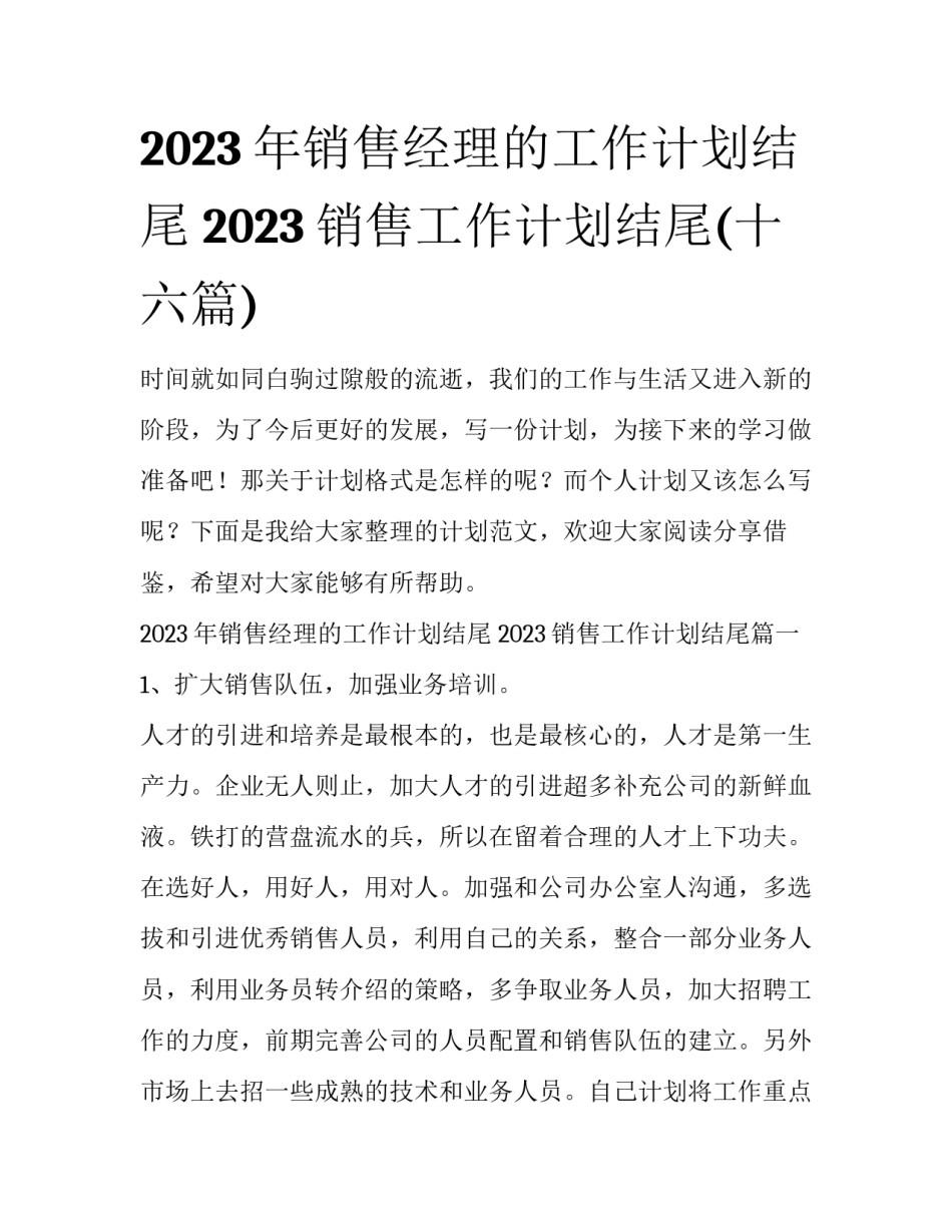 2023年销售经理的工作计划结尾 2023销售工作计划结尾(十六篇)_第1页