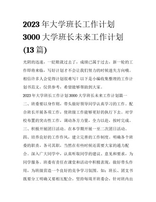 2023年大学班长工作计划3000 大学班长未来工作计划(13篇)