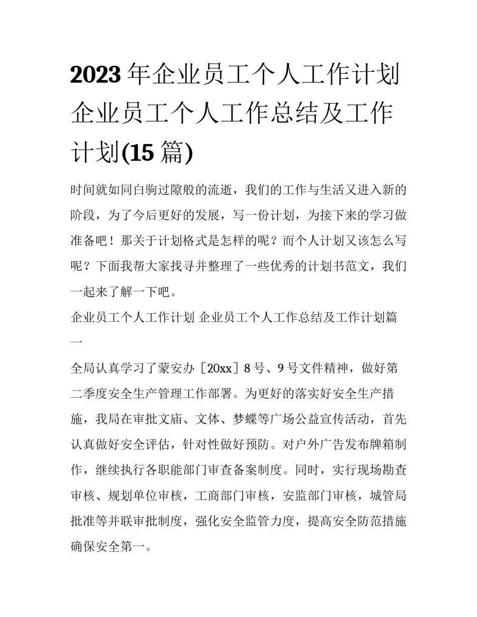 2023年企业员工个人工作计划 企业员工个人工作总结及工作计划(15篇)_第1页