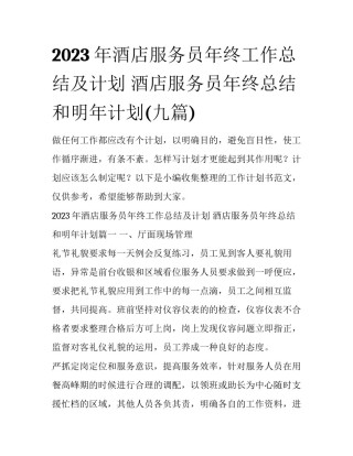 2023年酒店服务员年终工作总结及计划 酒店服务员年终总结和明年计划(九篇)