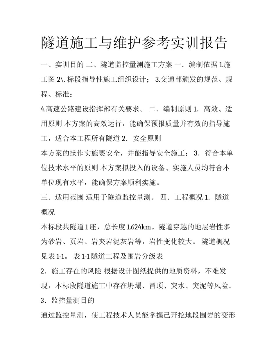 隧道施工与维护参考实训报告_第1页