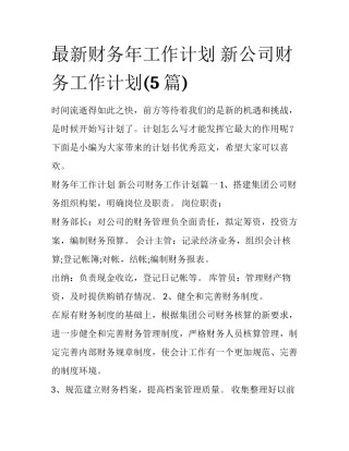 最新财务年工作计划 新公司财务工作计划(5篇)