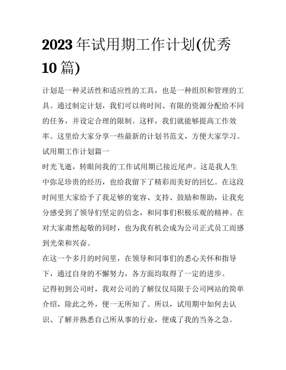 2023年试用期工作计划(优秀10篇)_第1页