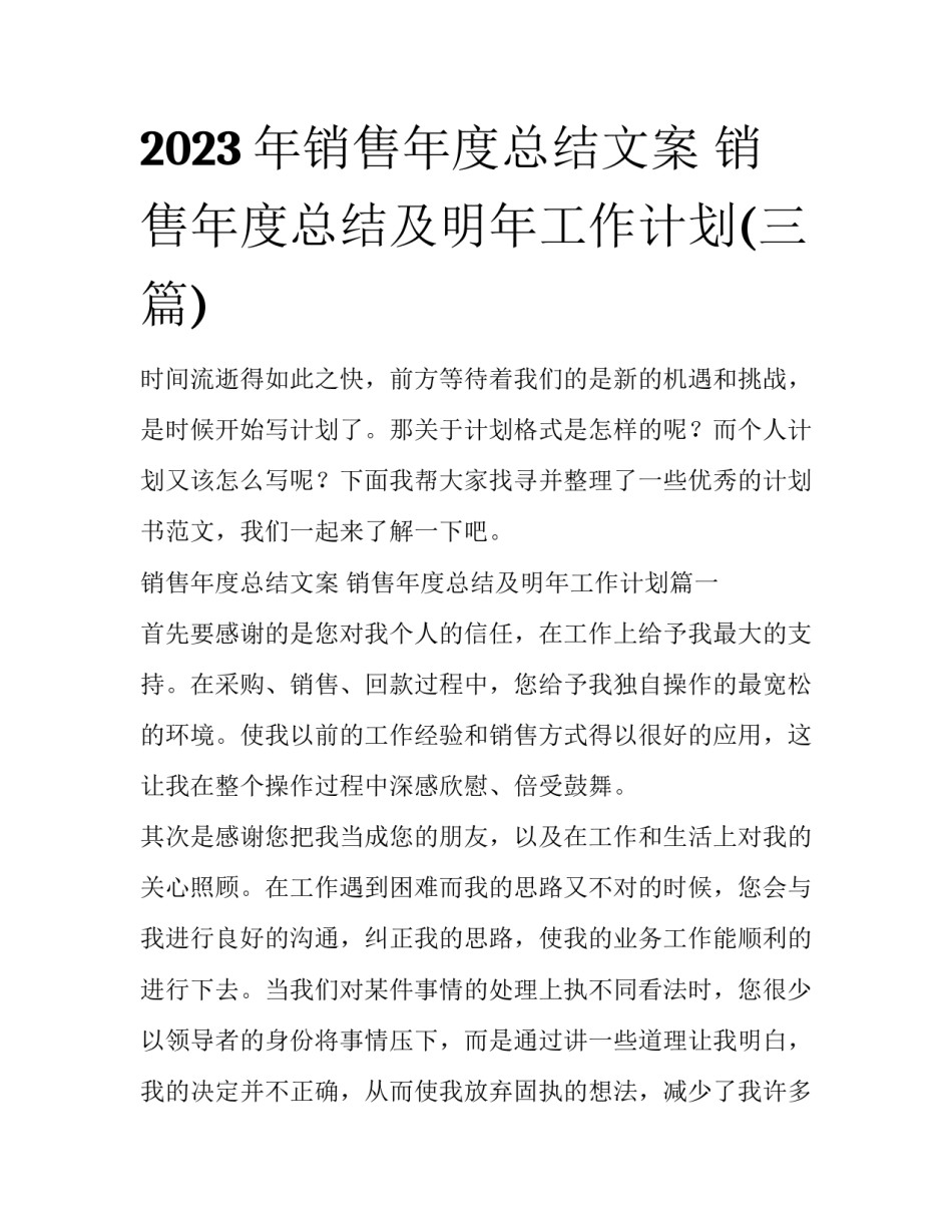 2023年销售年度总结文案 销售年度总结及明年工作计划(三篇)_第1页