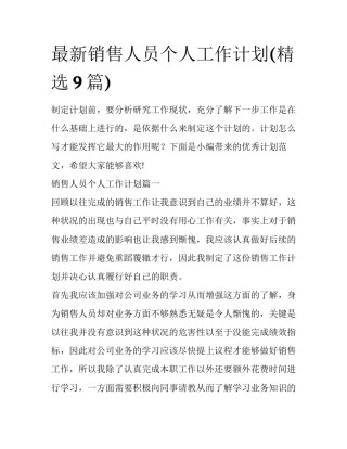 最新销售人员个人工作计划(精选9篇)