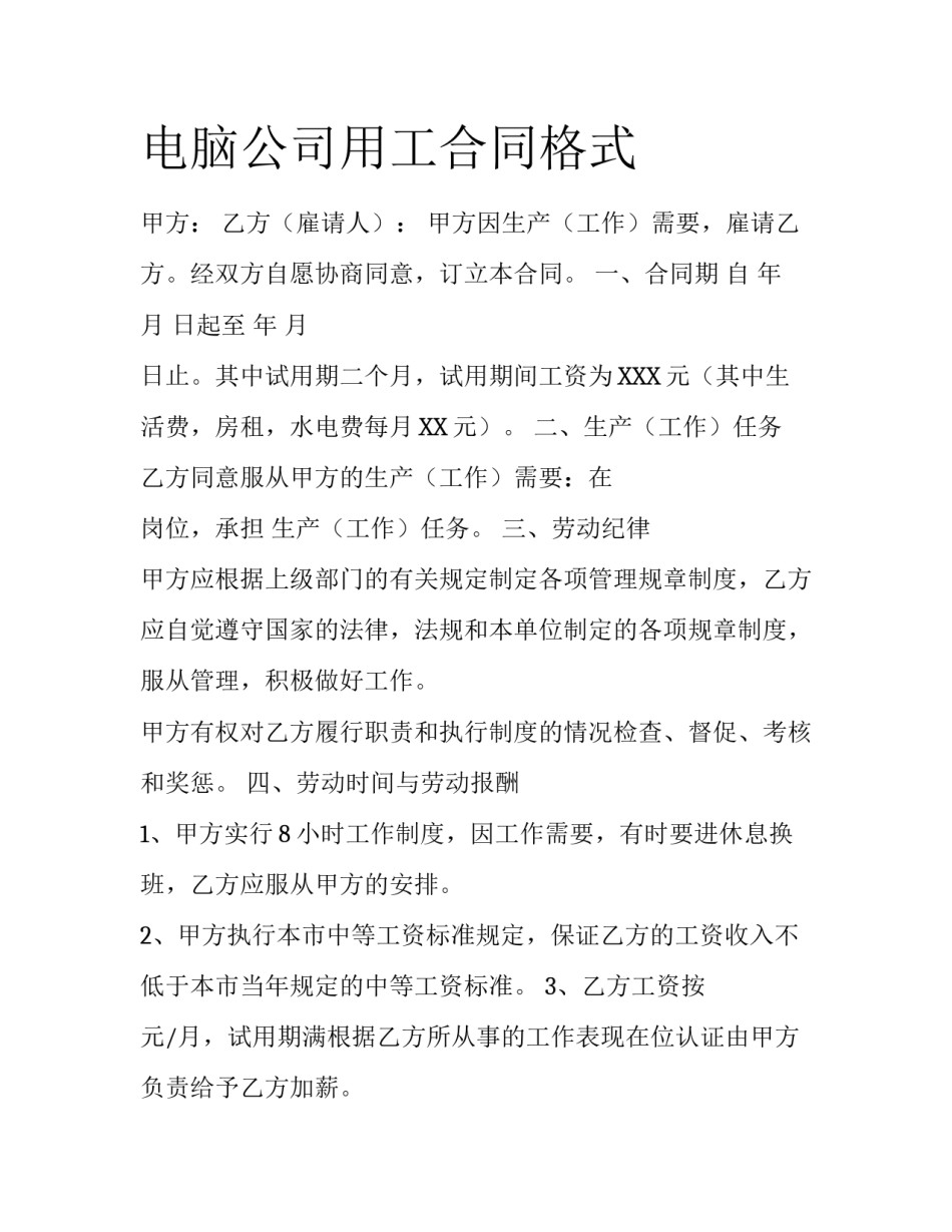 电脑公司用工合同格式_第1页