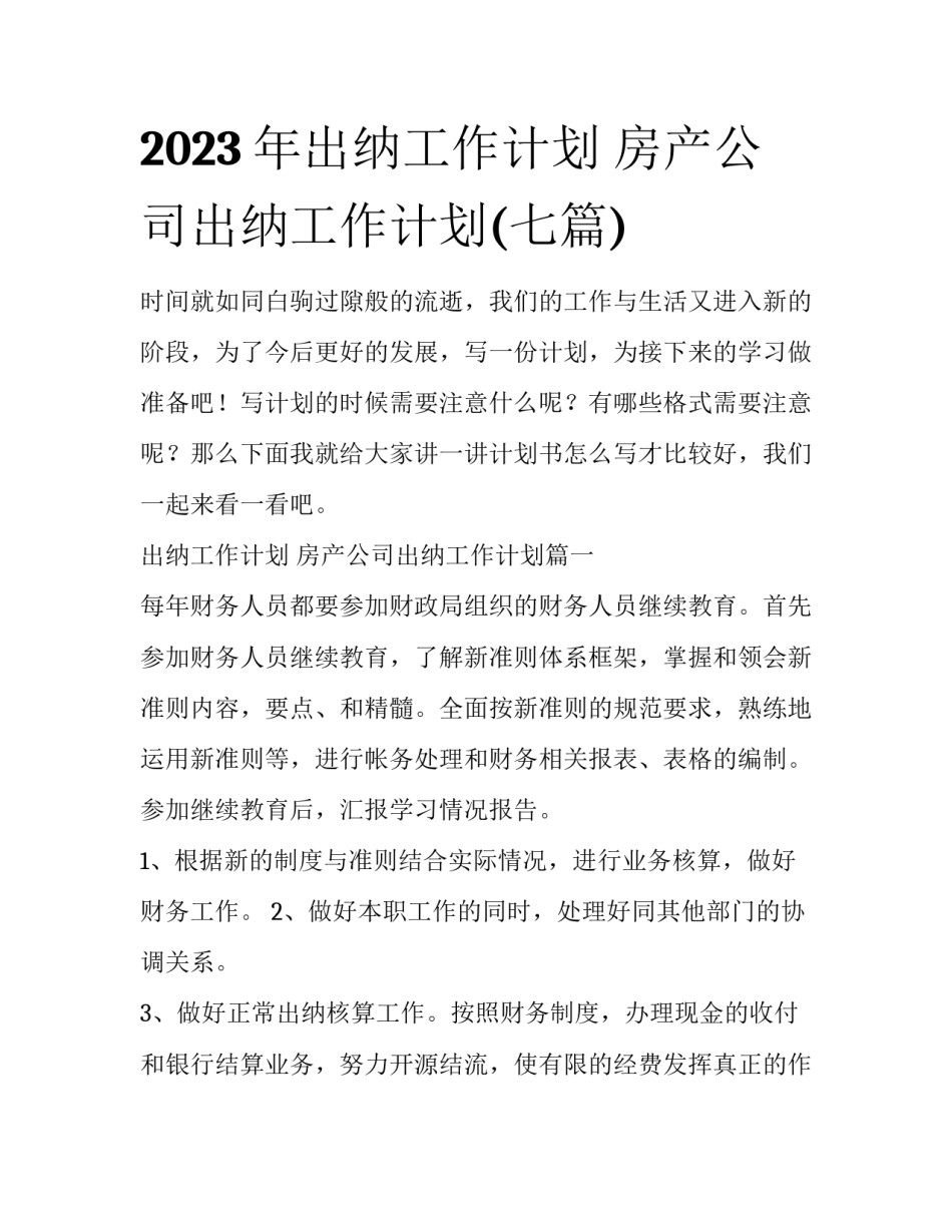 2023年出纳工作计划 房产公司出纳工作计划(七篇)_第1页