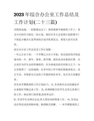 2023年综合办公室工作总结及工作计划(二十三篇)