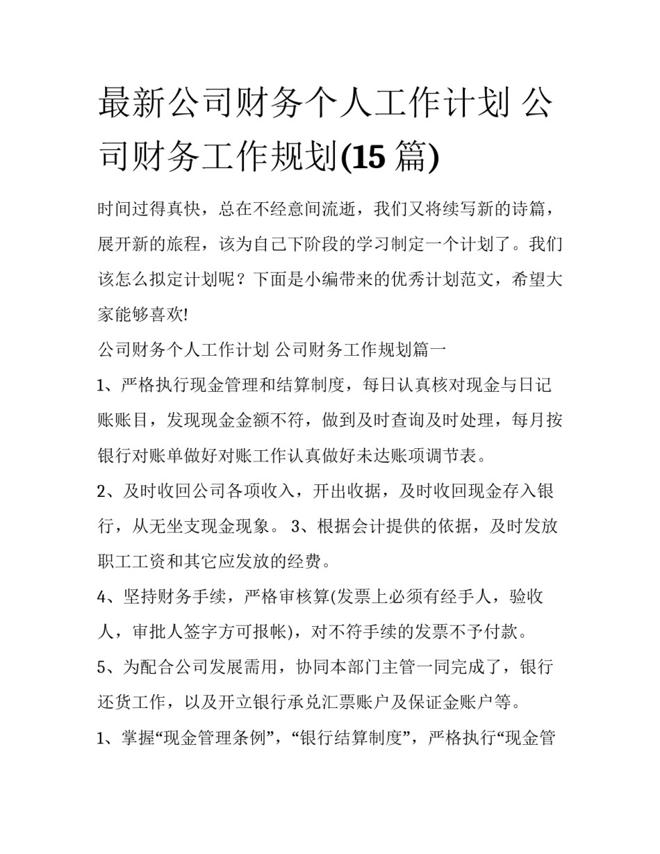 最新公司财务个人工作计划 公司财务工作规划(15篇)_第1页