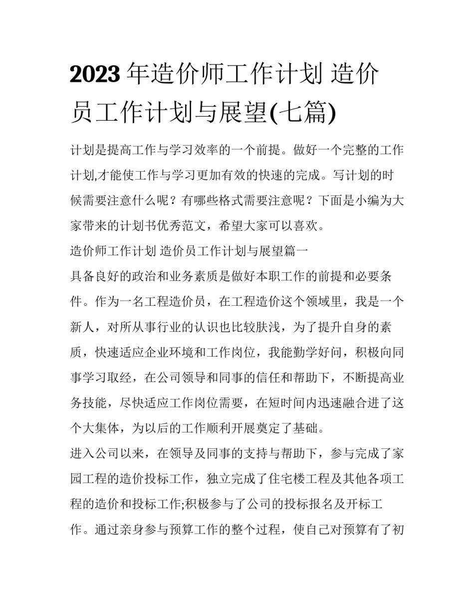 2023年造价师工作计划 造价员工作计划与展望(七篇)_第1页