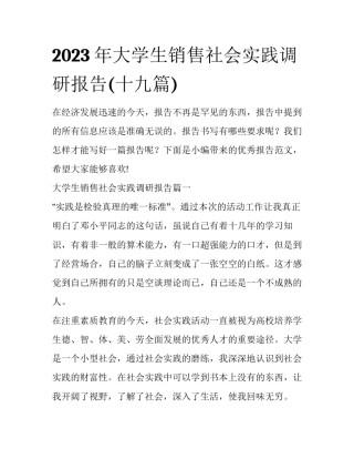 2023年大学生销售社会实践调研报告(十九篇)